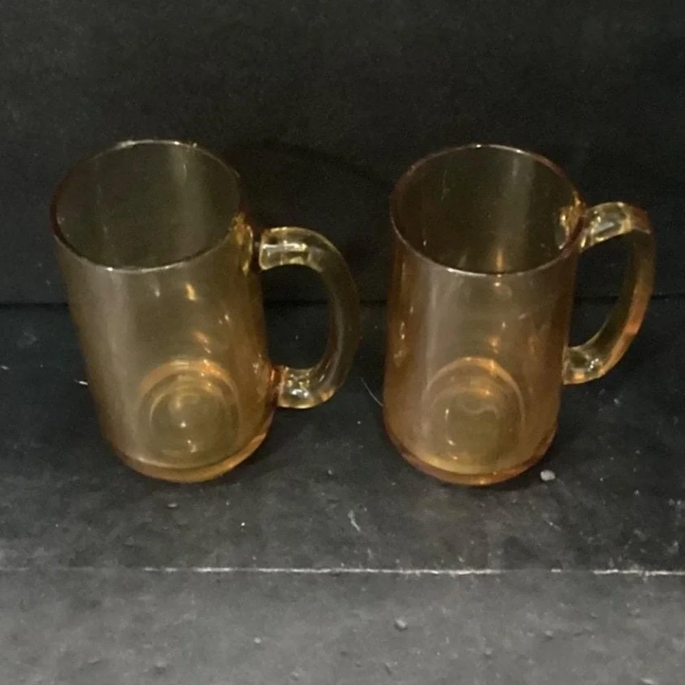 Hazel‎ Atlas Amber Beer Mugs, Set of 2, Vintage Stackable Glasses, Glass Steins